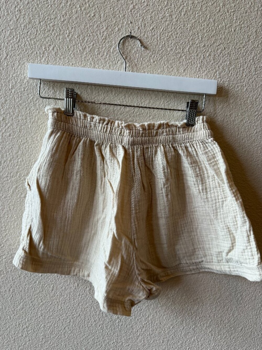Aerie Cream Gauze Cotton Shorts Sz S High Waist Pull-On Pocket
